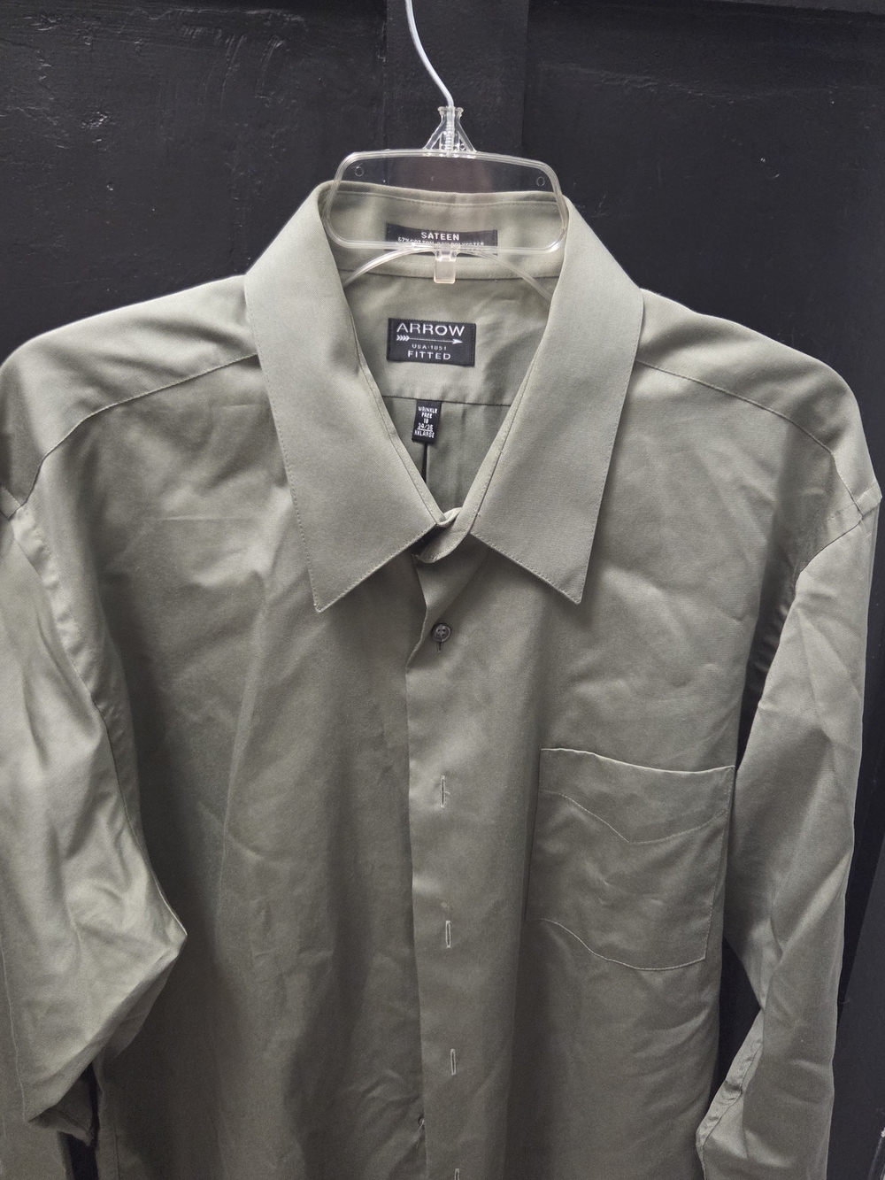 Arrow Fitted Men's Olive Sateen Dress Shirt Size 16-16 1/2